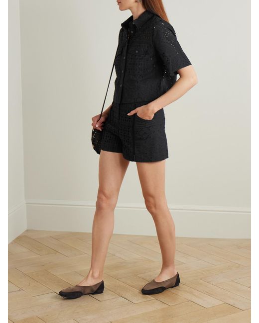 Veronica Beard Black Spruce Cropped Broderie Anglaise Cotton Shirt