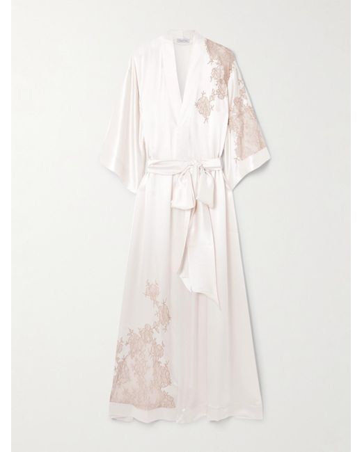 Carine Gilson Natural Belted Lace-Trimmed Silk-Satin Robe