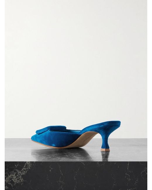 Manolo Blahnik Blue Maysale 50 Mules Aus Samt Mit Schnalle