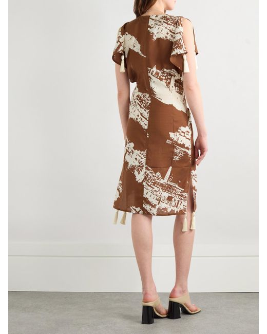 Bottega Veneta Brown Kleid Aus Einer Bedruckten Mischung Aus Seide Und Shantung-Seide Mit Troddeln