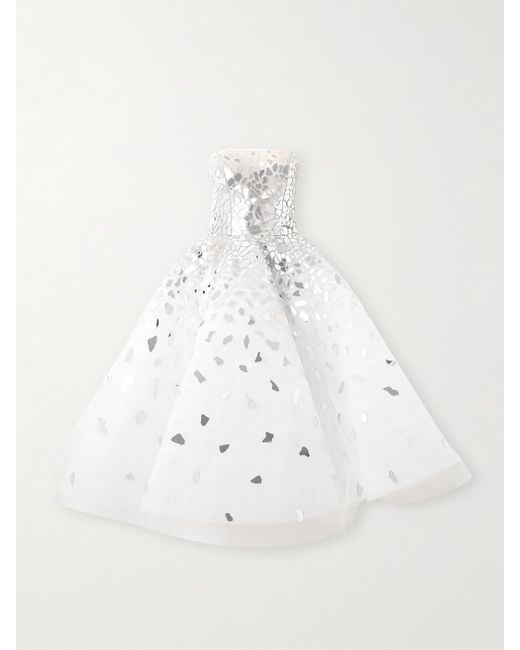 Oscar de la Renta White Strapless Embellished Tulle Midi Dress