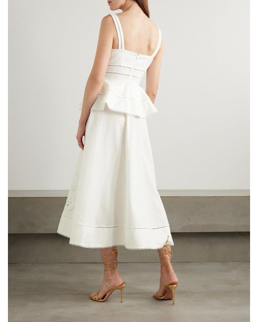Self-Portrait White Midikleid Aus Einer Leinen-Baumwollmischung Mit Lochstickerei Und Verzierungen