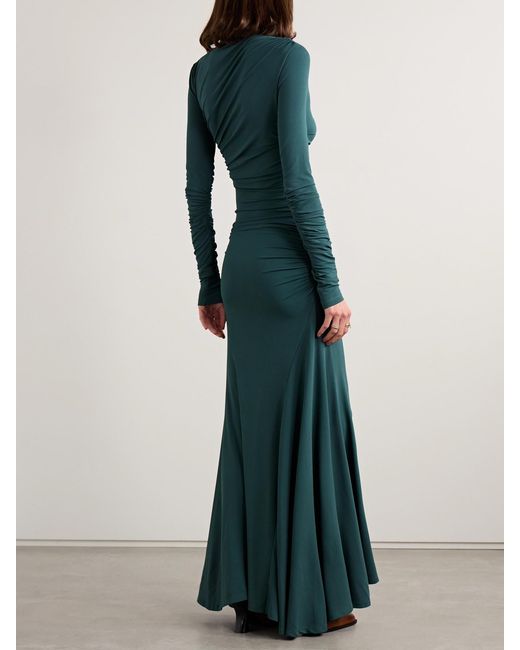 TOVE Green Africa Ruched Stretch-Jersey Turtleneck Maxi Dress