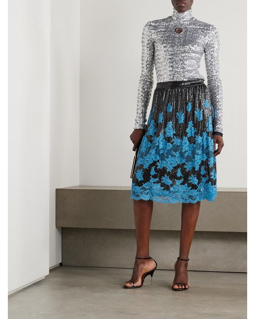 Rabanne Blue Lace-Trimmed Chainmail Midi Skirt