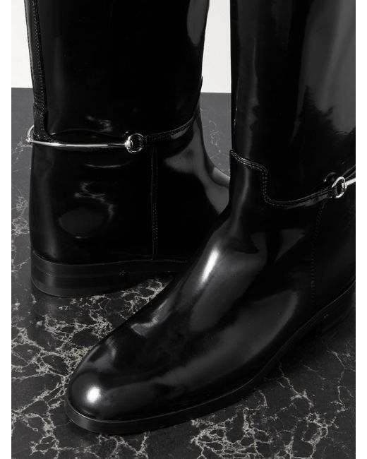 Gucci Black Kniehohe Stiefel Aus Lackleder Mit „Horsebit“-Detail Und Canvas-Besätzen