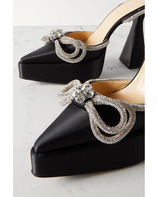 Mach & Mach Black Double Bow Crystal-embellished Satin Platform Pumps