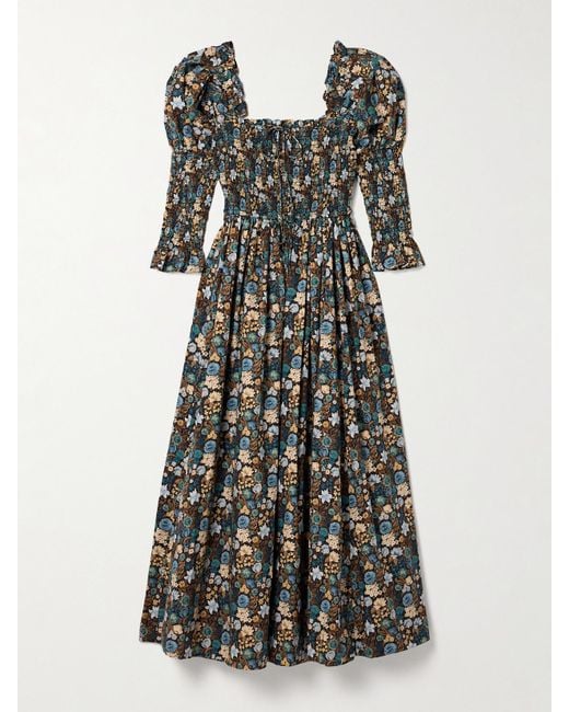 Doen Multicolor Bijou Shirred Floral-Print Organic Cotton-Voile Midi Dress