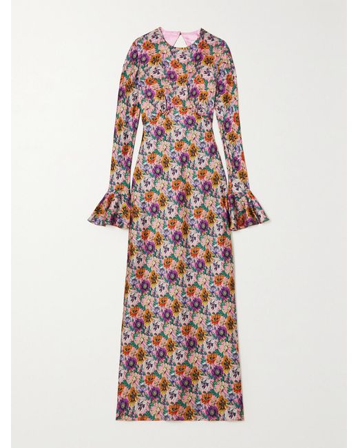 Les Rêveries Red Open-Back Floral-Print Satin Midi Dress