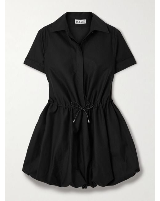 Loewe Black Mini-Hemdblusenkleid Aus Popeline Aus Einer Baumwoll-Seidenmischung Mit Lederbesatz Und Raffungen