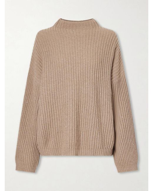 Brunello Cucinelli Natural Sequined Ribbed-Knit Sweater