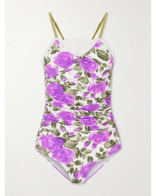 Chloé Pink Bow-Detailed Ruched Lace-Trimmed Floral-Print Swimsuit