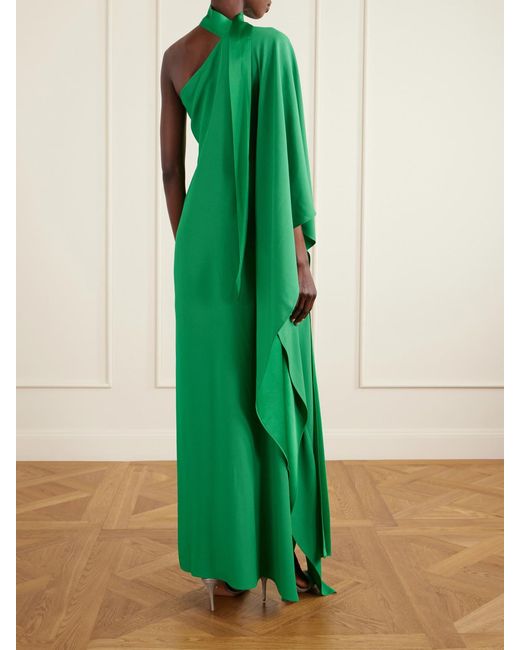 Taller Marmo Green Paloma One-Shoulder Scarf-Detailed Crepe-Cady Gown