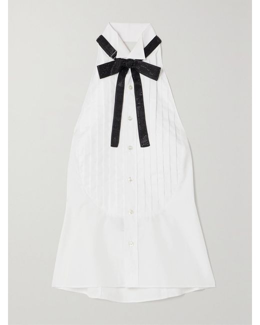 Ralph Lauren White Sorrento Embellished Bow-Detailed Pleated Cotton-Poplin Halterneck Top