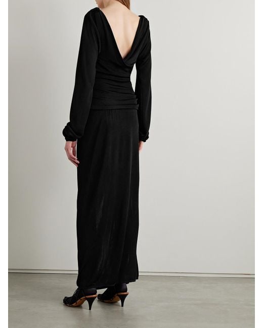 Khaite Black Fable Off-The-Shoulder Gathered Knitted Maxi Dress