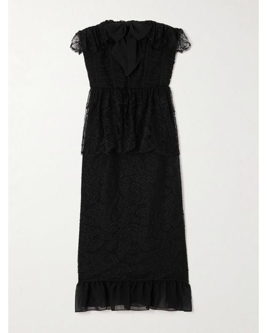 Alessandra Rich Black Strapless Layered Embellished Cotton-Blend Lace Midi Dress