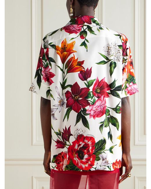 Dolce & Gabbana Red Floral-Print Silk-Blend Shirt