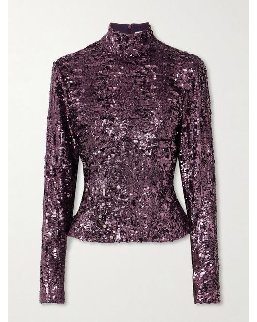 Rabanne Purple Sequinned Chiffon Turtleneck Top