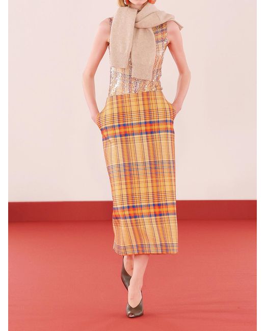 Brandon Maxwell Orange Mercer Checked Wool And Silk-Blend Mikado Midi Skirt