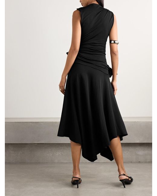 Acne Black Asymmetric Knotted Cutout Stretch-Crepe Midi Dress