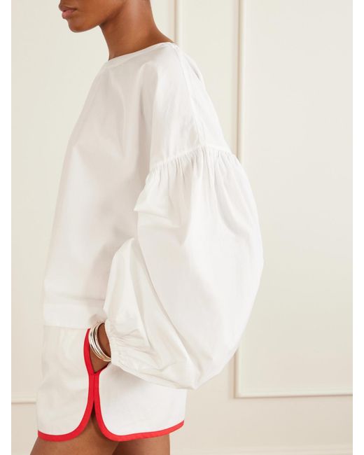 Suzie Kondi White Balon Cropped Gathered Cotton-Poplin Blouse