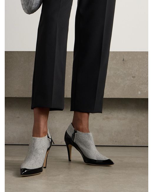 Manolo Blahnik Black Archepla 90 Patent-Leather Trimmed Wool Point-Toe Ankle Boots
