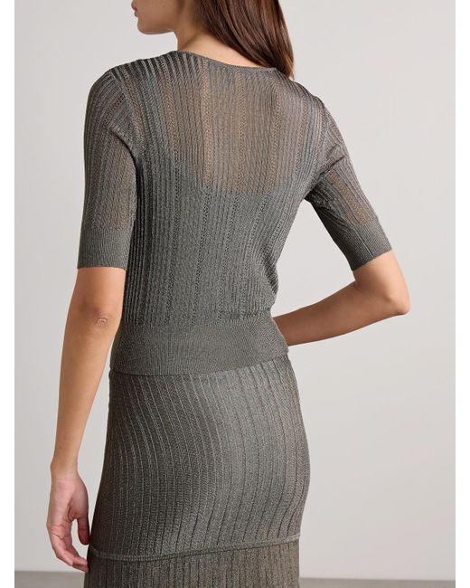 Adam Lippes Gray Metallic Pointelle And Ribbed-Knit Cardigan