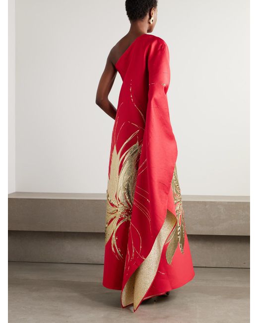 ‎Taller Marmo Red Hardison One-Shoulder Metallic Floral-Jacquard And Crepe Gown