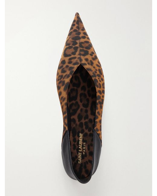 Saint Laurent White Nour Leather-Trimmed Leopard-Print Grosgrain Flats