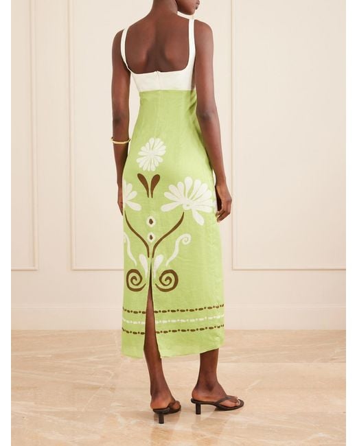 Cala De La Cruz Green Nara Cutout Printed Linen Midi Dress