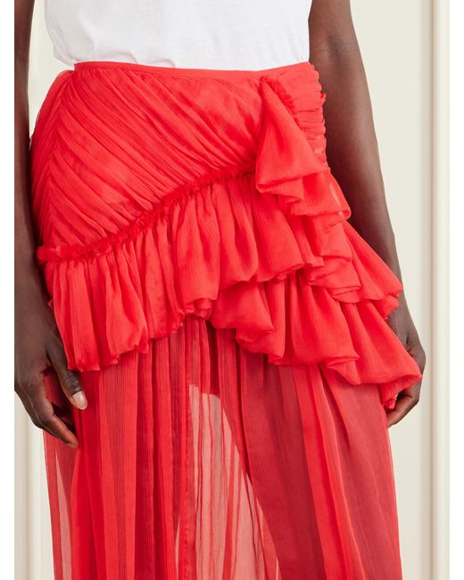 Dries Van Noten Red Shelby Ruffled Silk-Chiffon Maxi Skirt