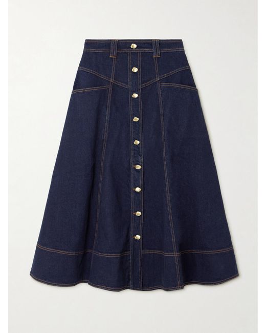 Aje. Blue Resonance Button-Embellished Paneled Denim Midi Skirt