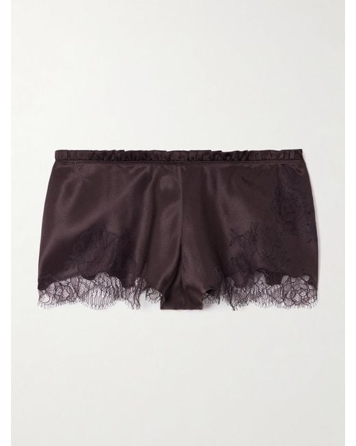 Carine Gilson Purple Lace-Trimmed Silk-Satin Shorts
