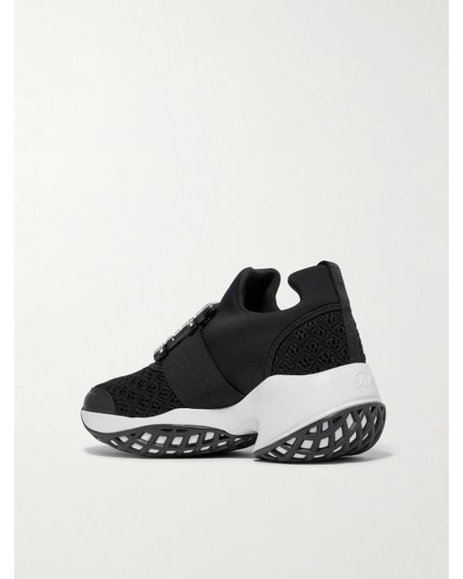 Roger Vivier Black Viv Run Crystal-Embellished Stretch, Mesh And Leather Sneakers