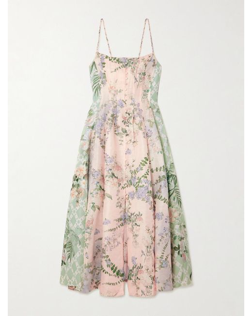 Camilla Natural Midikleid Aus Einer Leinen-Seidenmischung Mit Blumenprint Und Verzierungen