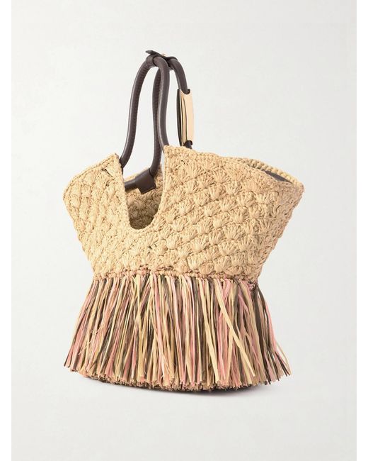 Zimmermann Natural Goldentime Large Embellished Leather-Trimmed Fringed Raffia Tote