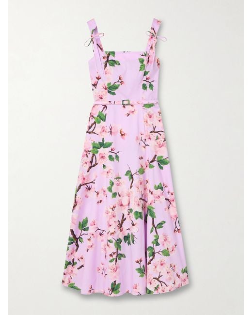 Oscar de la Renta Pink Midikleid Aus Stretch-Baumwollpopeline Mit Blumenprint, Gürtel Und Schleifen