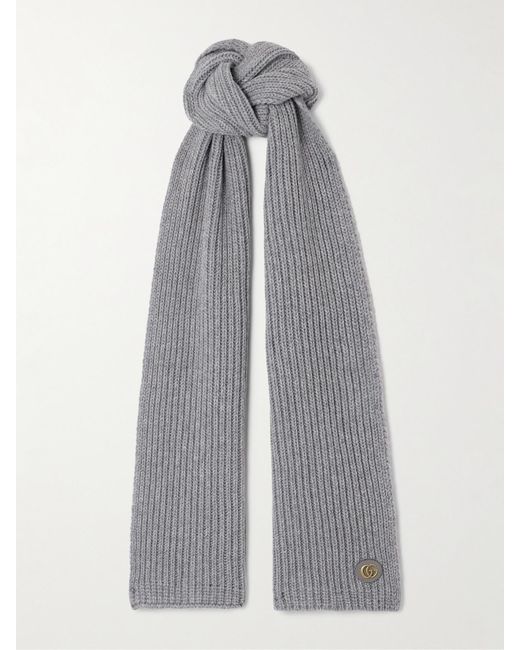 Gucci Gray Embellished Leather-Trimmed Ribbed Wool And Cashmere-Blend Scarf
