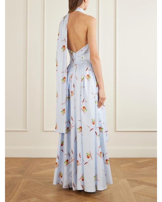 Emilia Wickstead White Tie-Detailed Pleated Floral-Print Halterneck Silk-Twill Gown