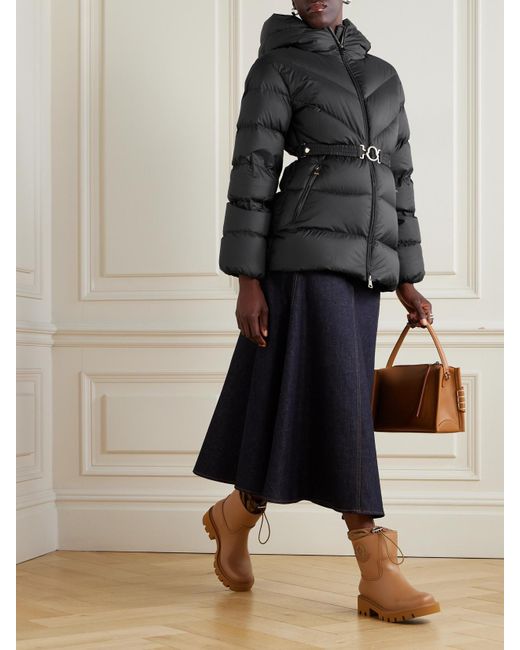 Moncler Black Brosse Daunenjacke Aus Gestepptem Shell Mit Applikation, Kapuze Und Gürtel