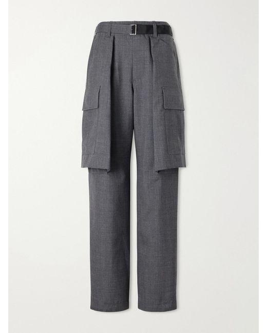 Sacai Gray Pleated Belted Twill Wide-Leg Pants