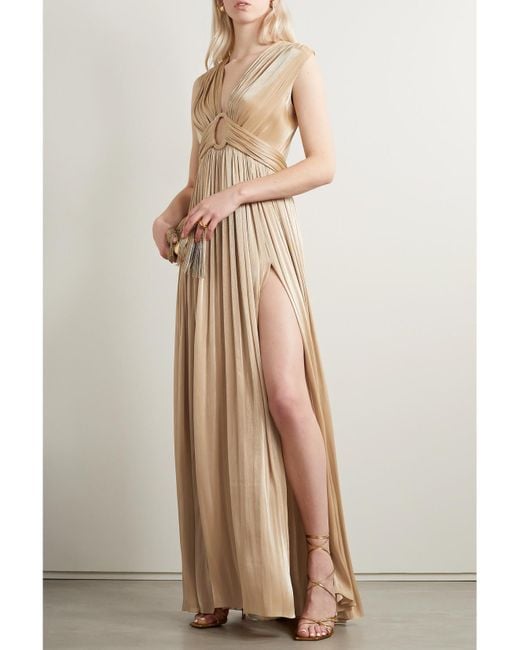 Costarellos Natural Kiera Cutout Pleated Lamé Gown