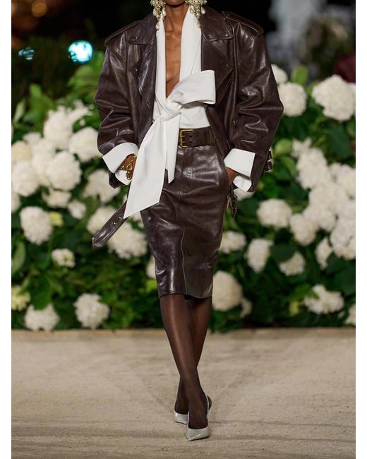 Saint Laurent Brown Glossed Textured-Leather Biker Jacket