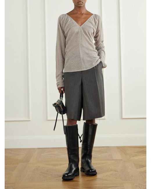 Our Legacy Gray Jumbo Distressed Pleated Striped Cotton And Wool-Blend Shorts
