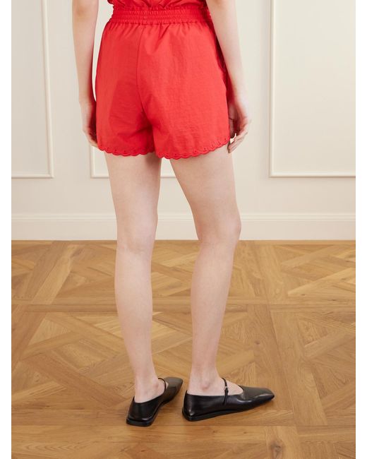 CECILIE BAHNSEN Red Blossom Broderie Anglaise-Trimmed Cotton-Blend Taffeta Shorts