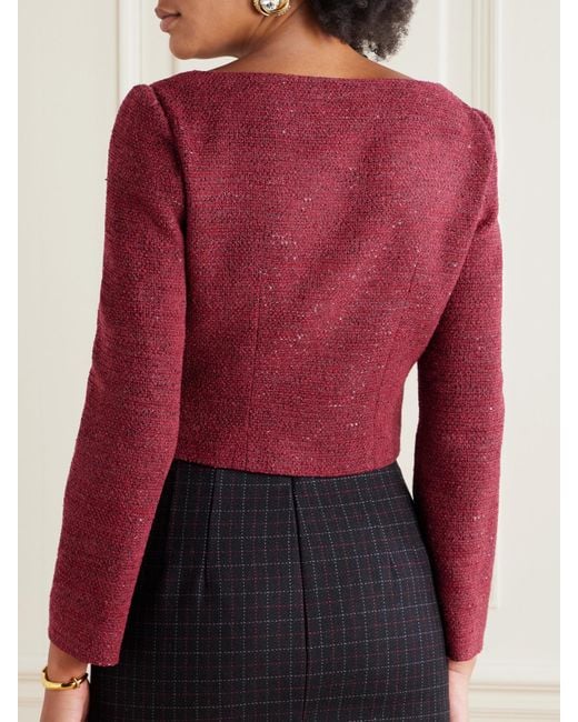Alessandra Rich Red Cropped Sequin-Embellished Tweed Jacket