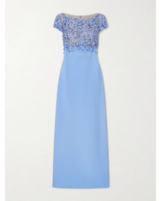Oscar de la Renta Blue Crystal-Embellished Embroidered Wool-Blend Gown