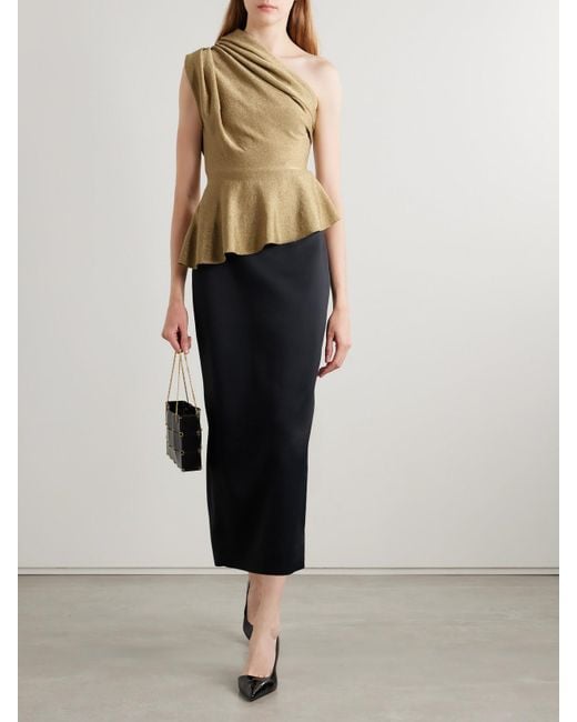 Khaite Natural Aimee Asymmetric One-Shoulder Draped Lurex Peplum Top