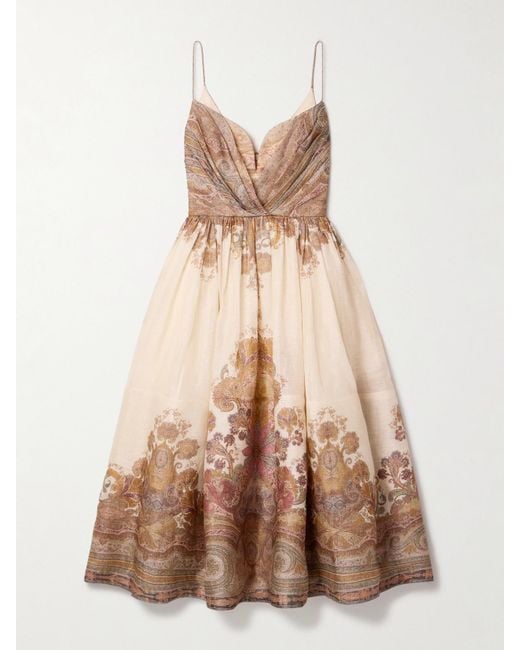 Robe Midi En Organza De Lin Et De Soie Mélangés Imprimé À Plis Illustration Zimmermann en coloris Natural