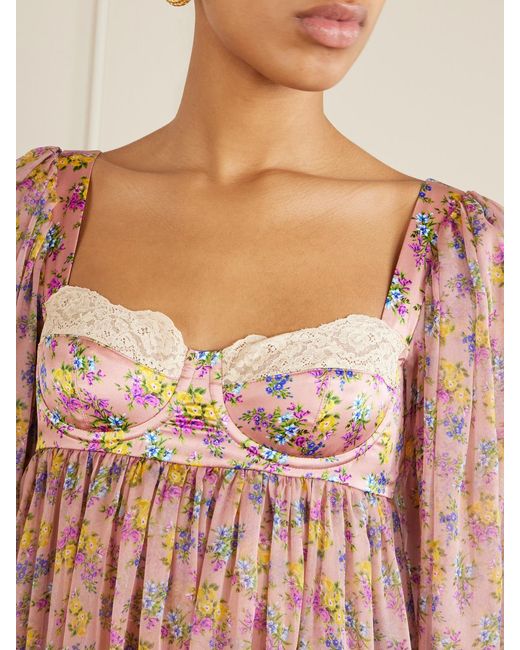 Dolce & Gabbana Pink Lace-Trimmed Floral-Print Silk-Blend Satin And Chiffon Mini Dress