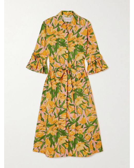 Carolina Herrera Yellow Belted Pleated Floral-Print Cotton-Poplin Midi Shirt Dress